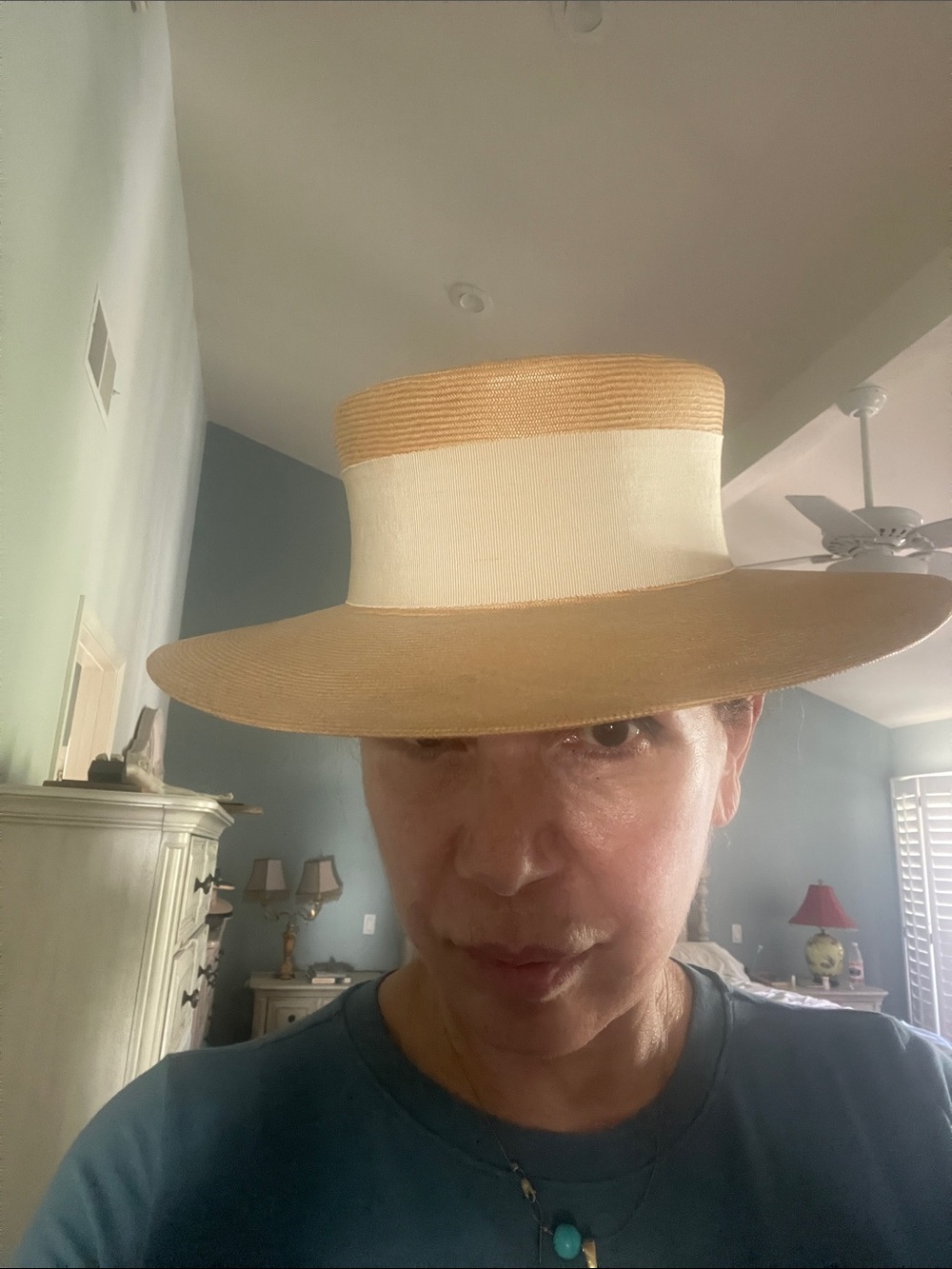Saks Fifth Avenue Vintage Two-Tone Wide-Brim Straw Hat in Tan and Cream